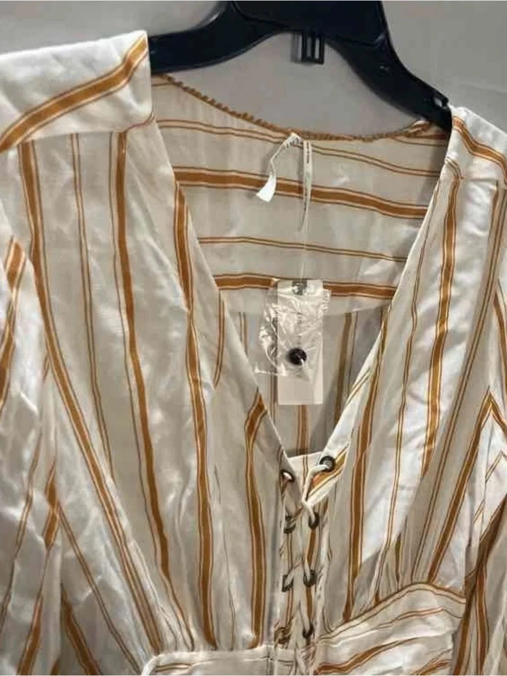 Anthropologie Cream and Tan Striped Lace-Up Peplum Blouse feather and bone boho